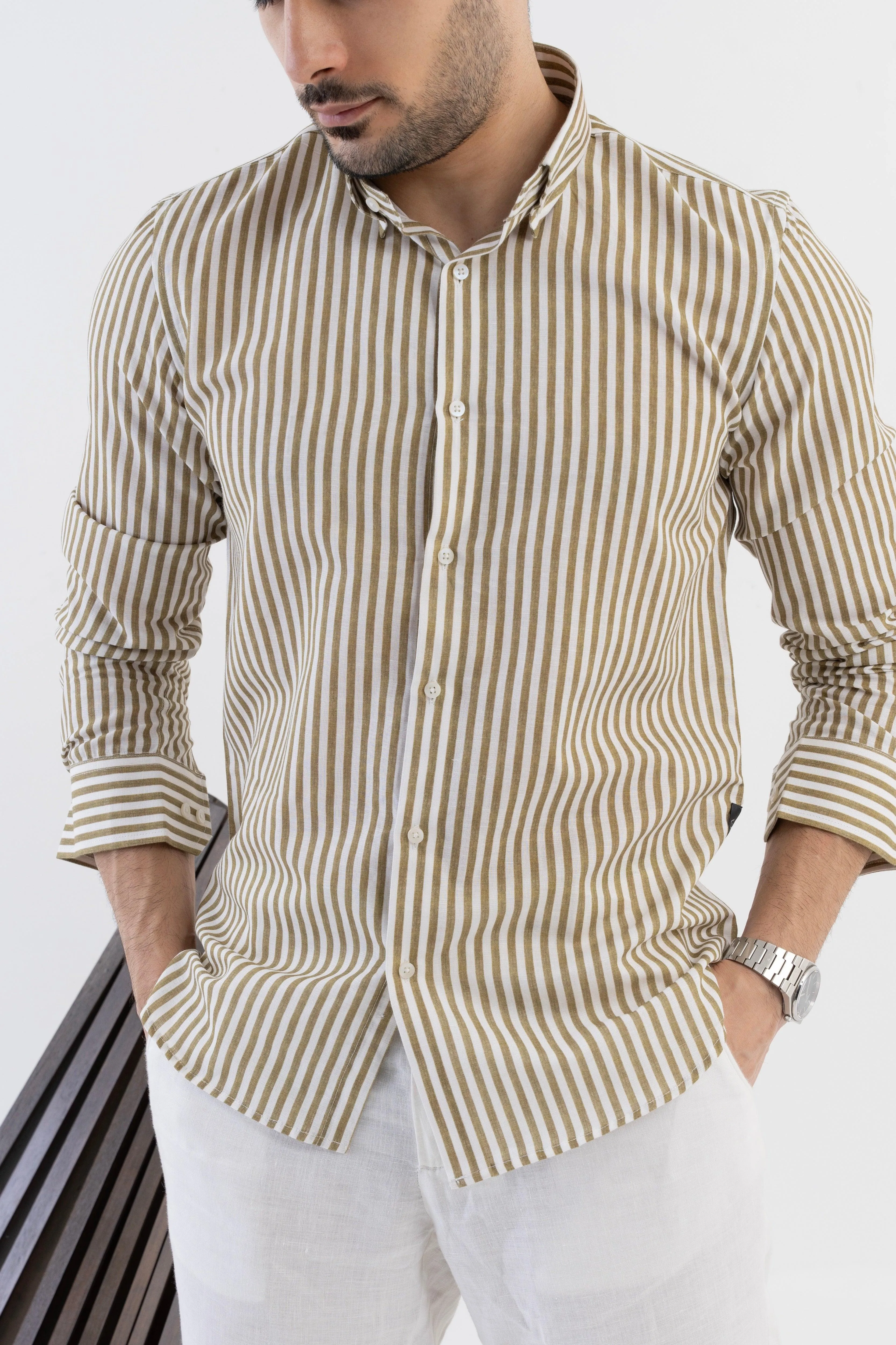 The Monaco Linen Striped Shirt in Sage Green