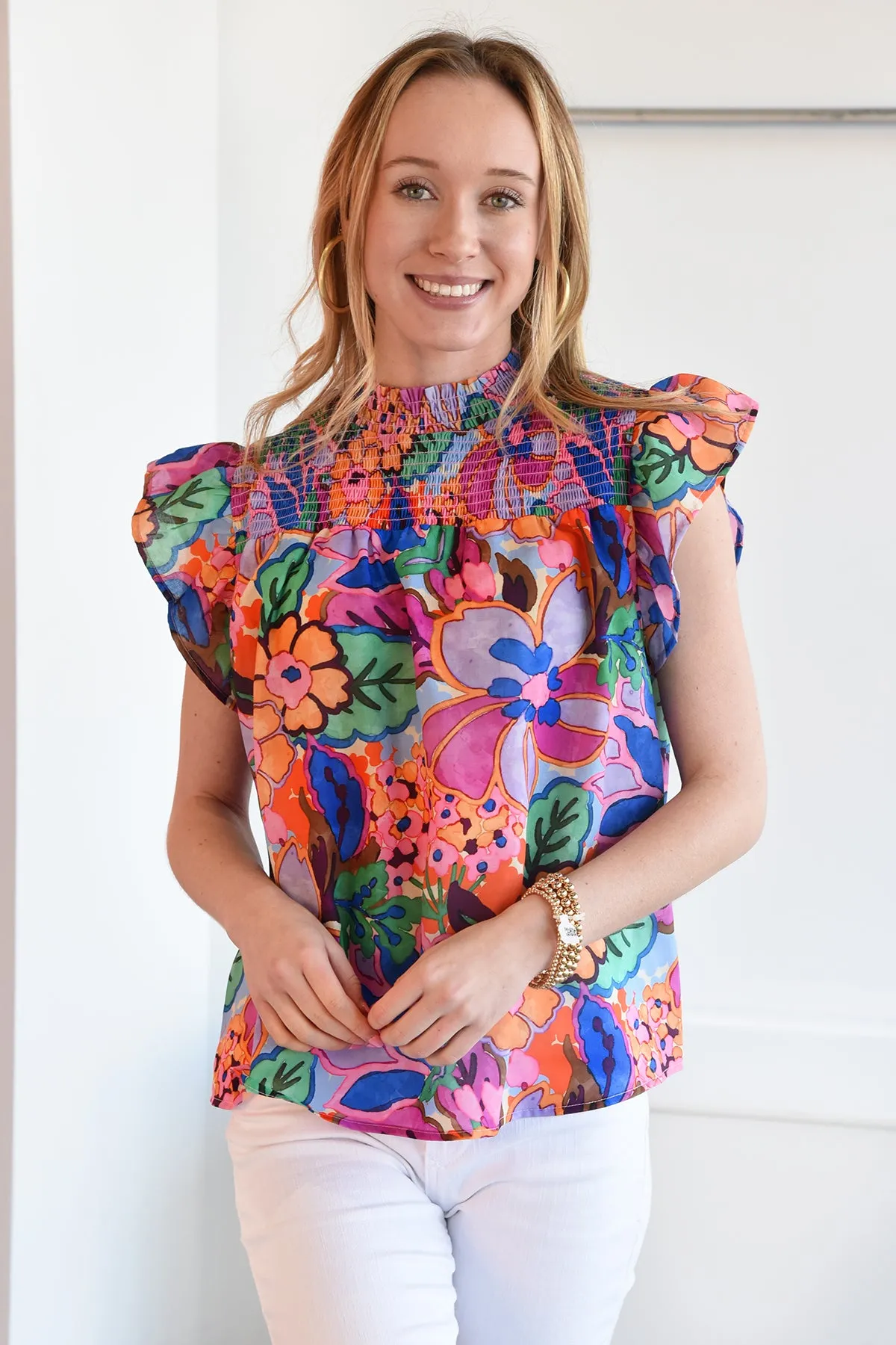 THML SMOCKED FLORAL TOP