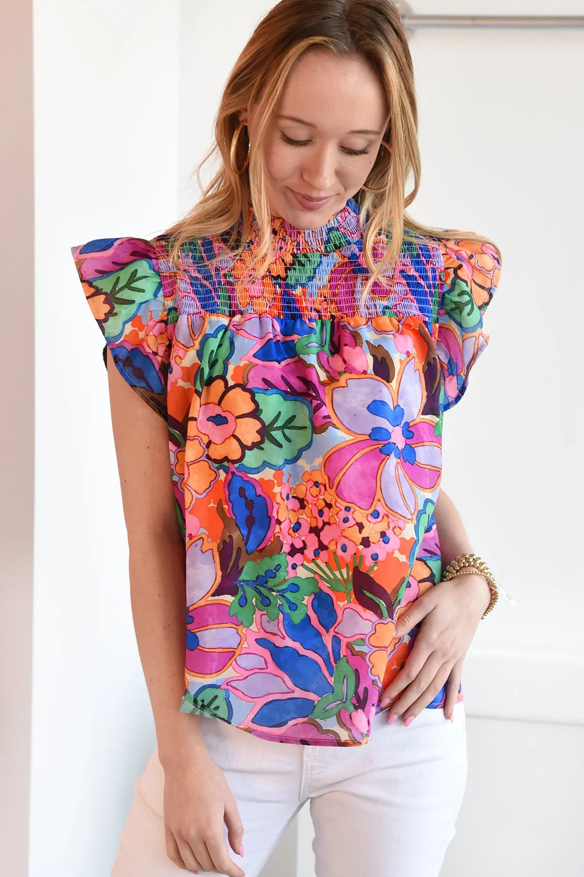 THML SMOCKED FLORAL TOP