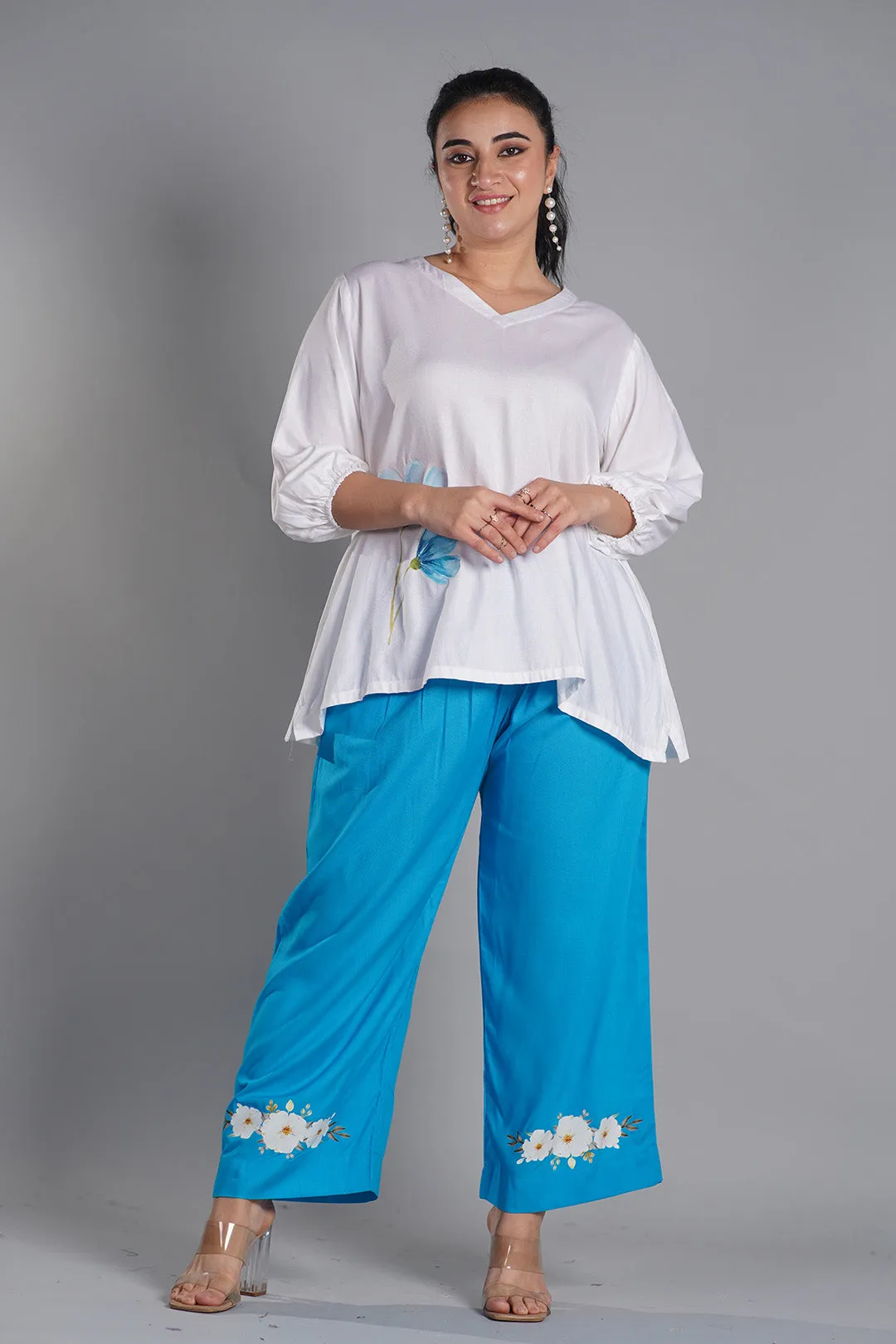 Turquoise PrintedPalazzoPants - FloralOasis