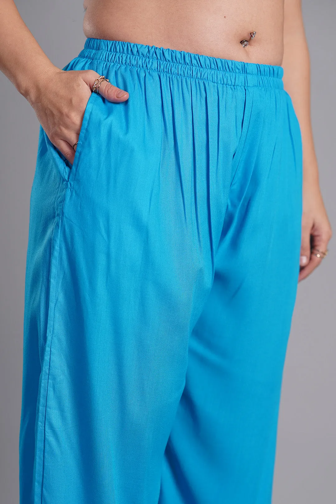 Turquoise PrintedPalazzoPants - FloralOasis