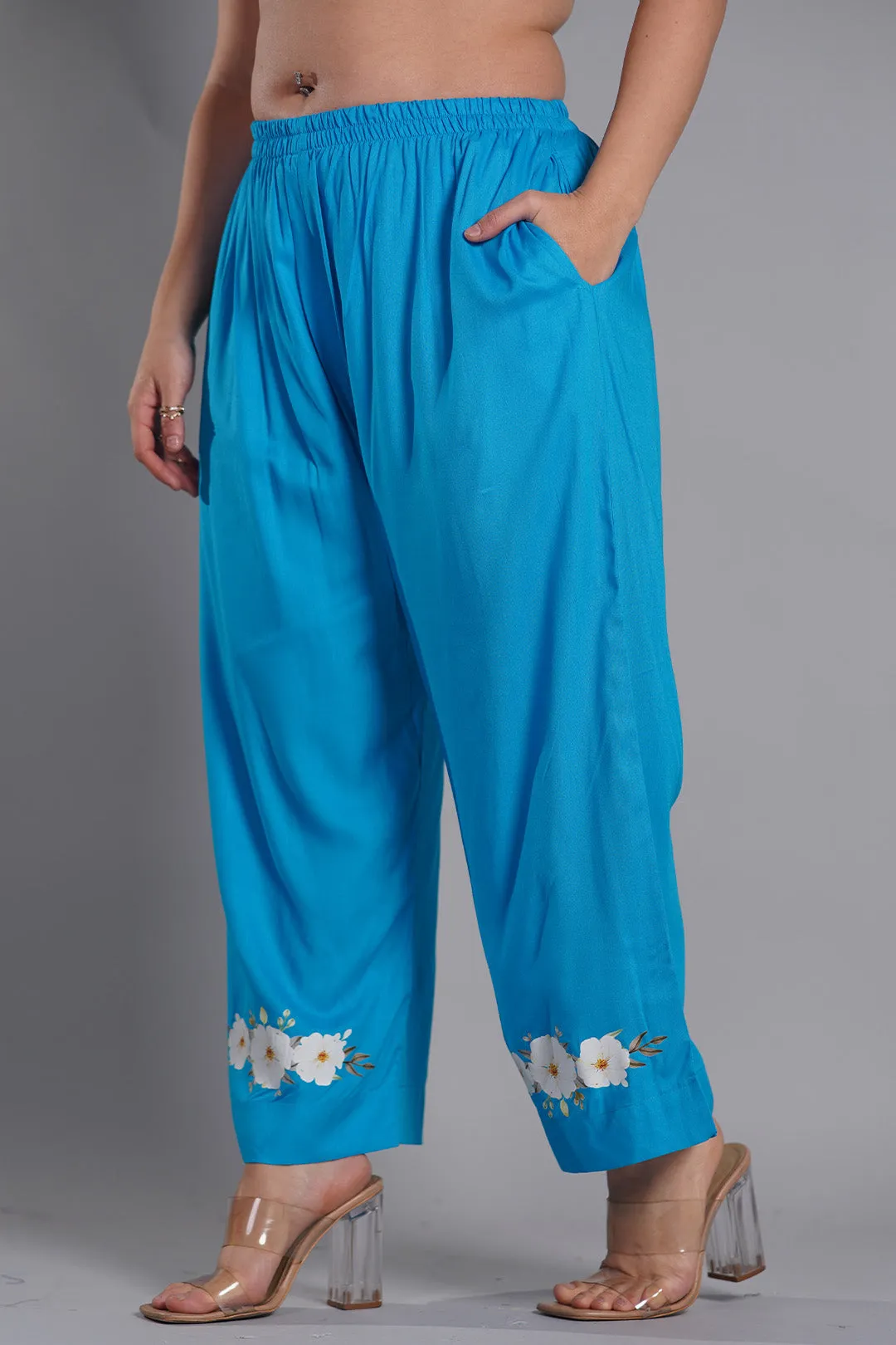 Turquoise PrintedPalazzoPants - FloralOasis