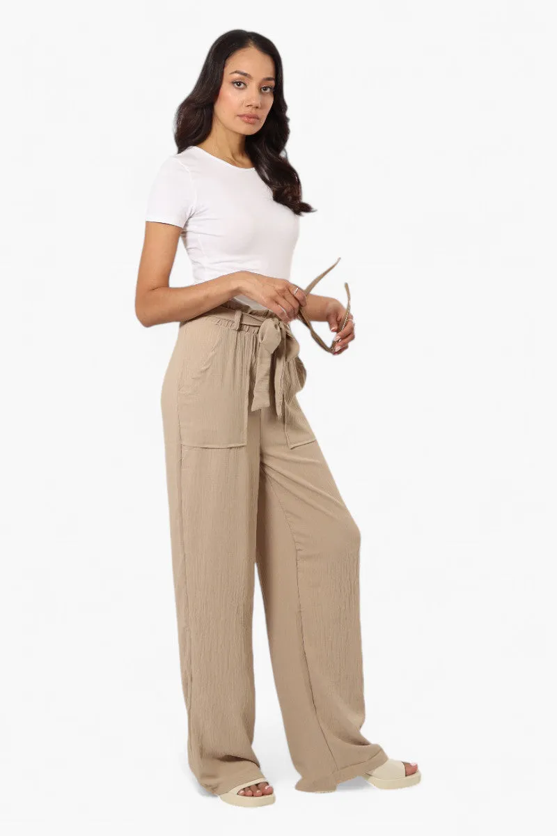 Urbanology Solid Belted Palazzo Pants - Beige