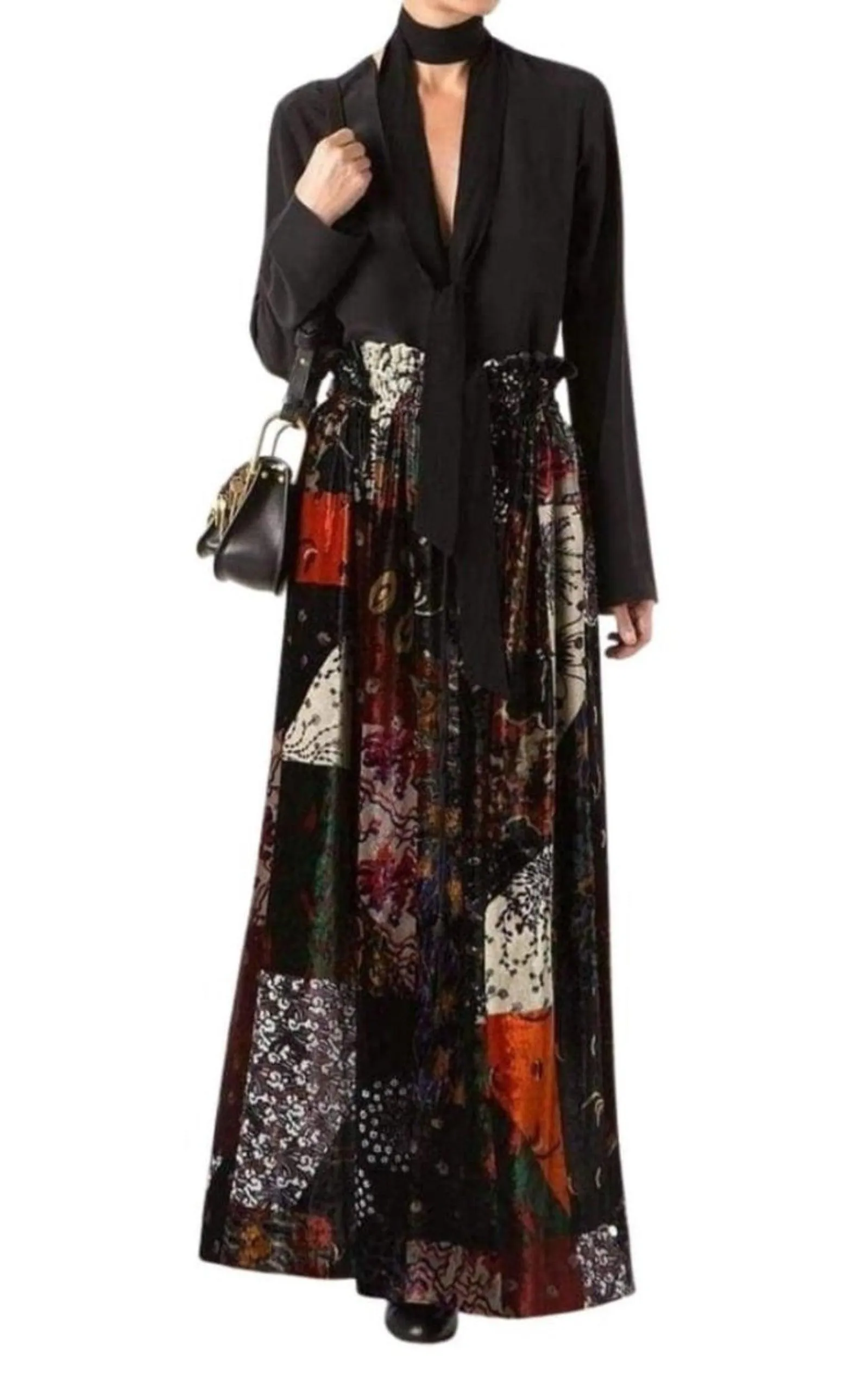Velvet Patchwork Silk Blend Maxi Skirt