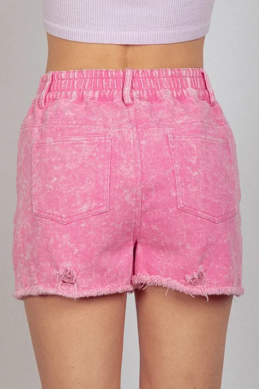 Washed Denim Shorts - Pink