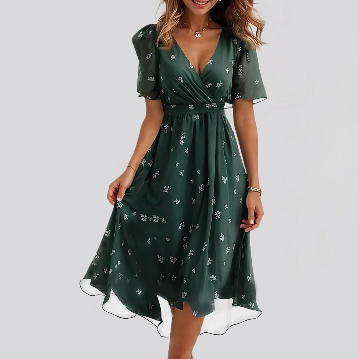 Wedding Guest Dresses for Women,Floral Chiffon Spring Summer Sexy Dresses Cocktail Womens Midi Dress Wrap Flowy