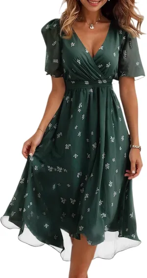 Wedding Guest Dresses for Women,Floral Chiffon Spring Summer Sexy Dresses Cocktail Womens Midi Dress Wrap Flowy