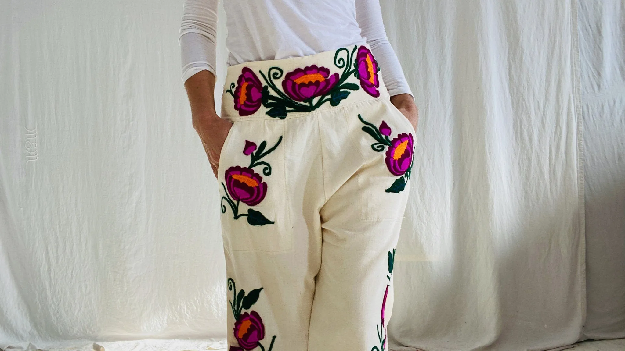 Wide Leg Embroidered Pants. Zinacantan, Mexico. XS-M.