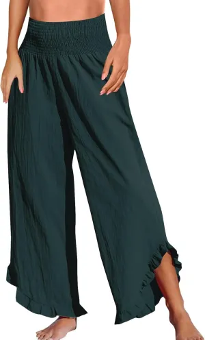 Wide Leg Linen Pants for Women Plus Szie Smocked High Waisted Ruffle Lounge Pants Gauze Summer Pants for Women 2025