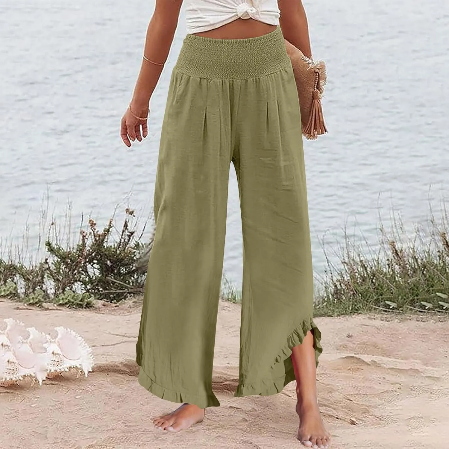 Wide Leg Linen Pants for Women Stretch Smocked High Waisted Ruffle Hem Flowy Beach Palazzo Trousers with Pocket