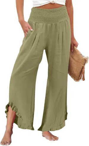 Wide Leg Linen Pants for Women Stretch Smocked High Waisted Ruffle Hem Flowy Beach Palazzo Trousers with Pocket