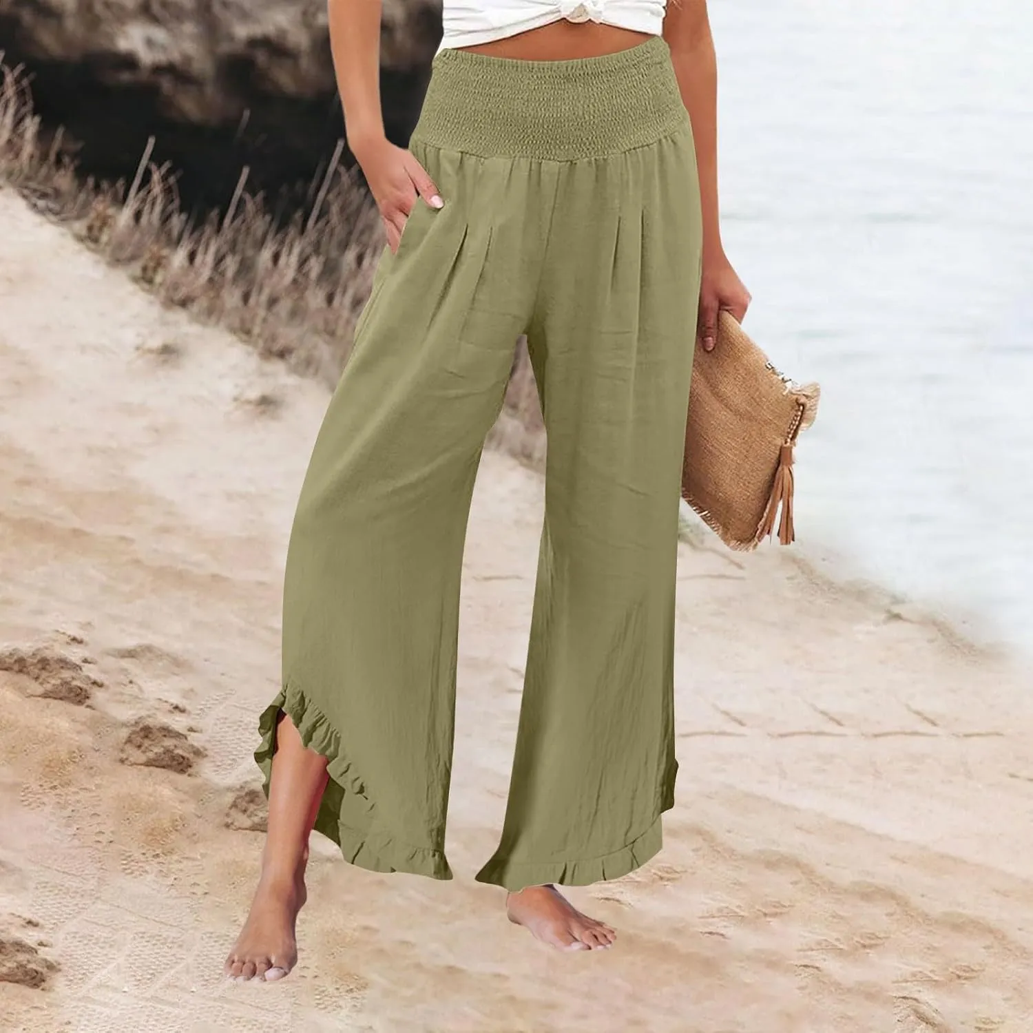 Wide Leg Linen Pants for Women Stretch Smocked High Waisted Ruffle Hem Flowy Beach Palazzo Trousers with Pocket