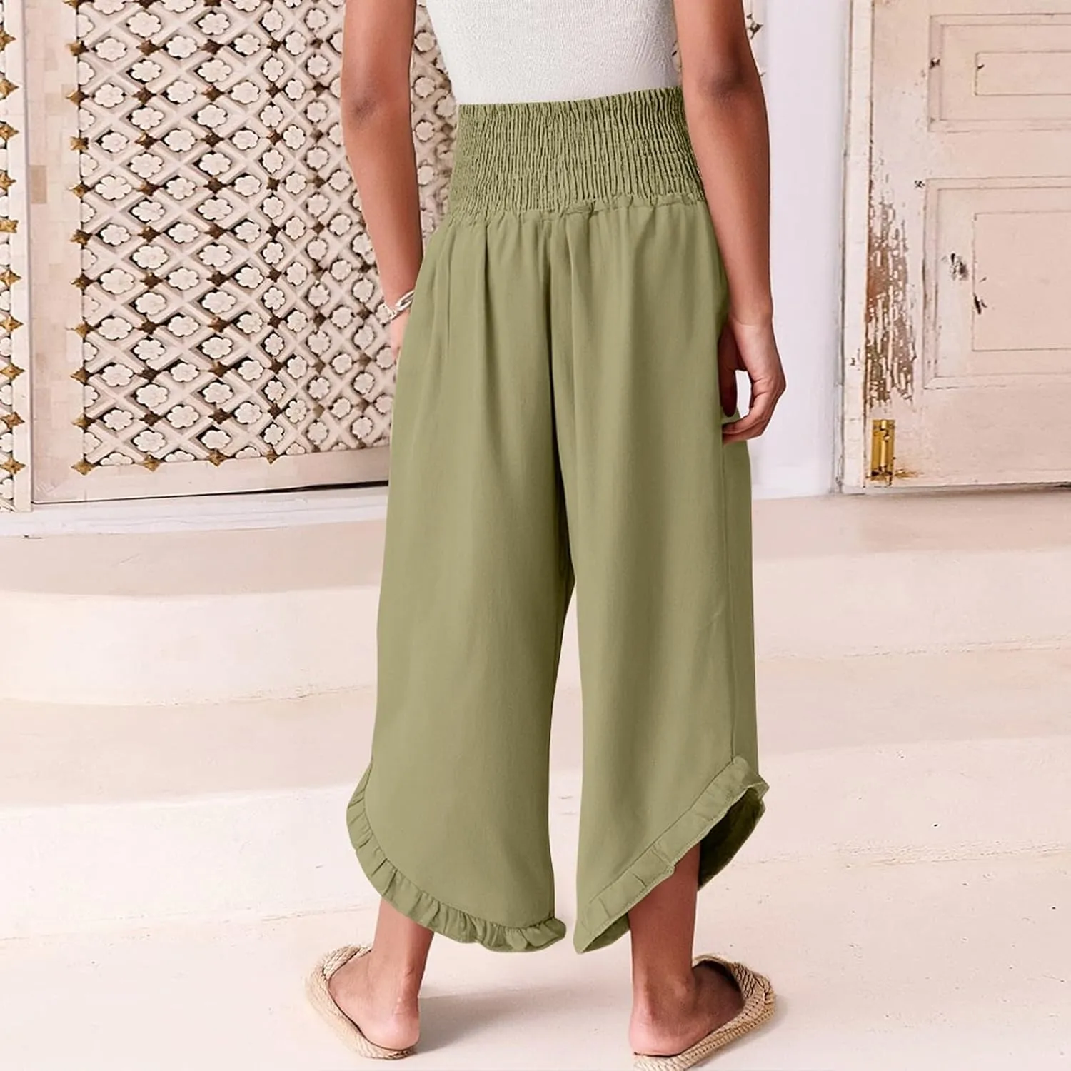 Wide Leg Linen Pants for Women Stretch Smocked High Waisted Ruffle Hem Flowy Beach Palazzo Trousers with Pocket