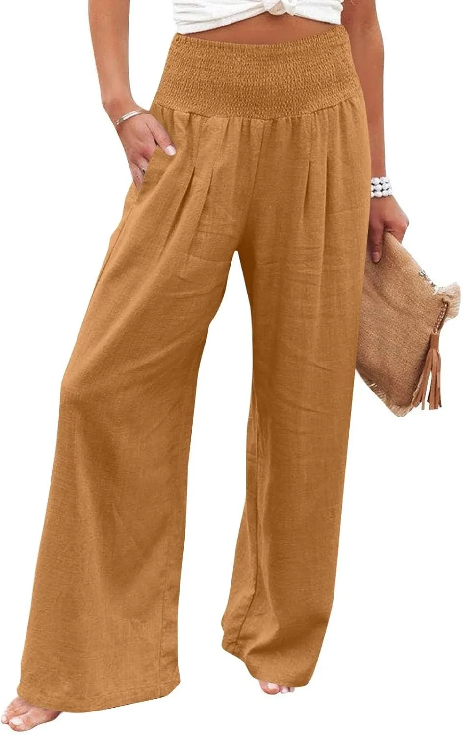Wide Leg Linen Pants for Women Summer Smocked High Waisted Casual Palazzo Pants Lounge Trouser with Pockets (S-XXL)