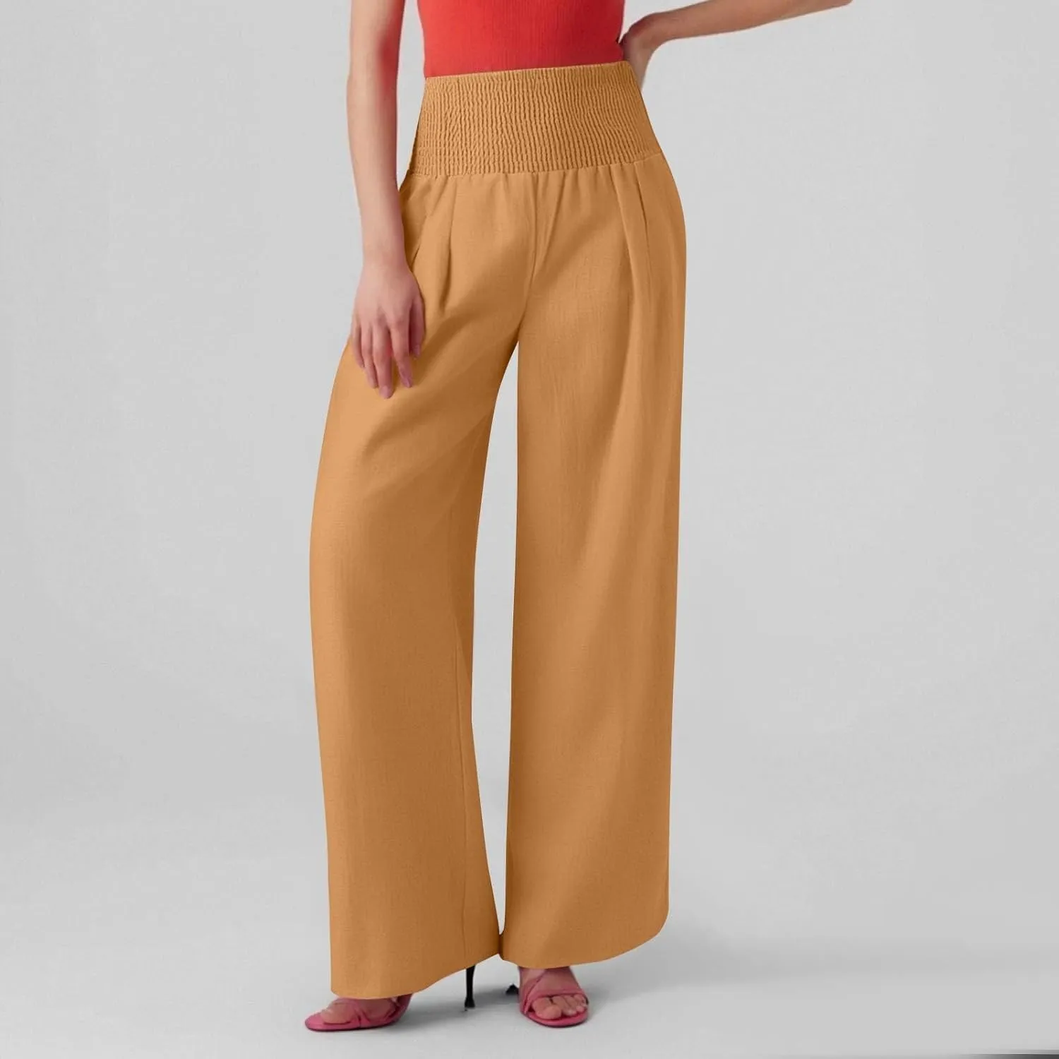 Wide Leg Linen Pants for Women Summer Smocked High Waisted Casual Palazzo Pants Lounge Trouser with Pockets (S-XXL)
