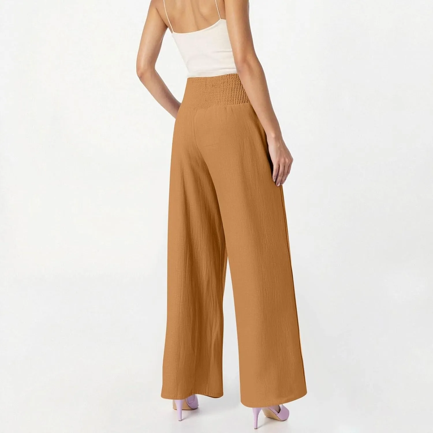 Wide Leg Linen Pants for Women Summer Smocked High Waisted Casual Palazzo Pants Lounge Trouser with Pockets (S-XXL)