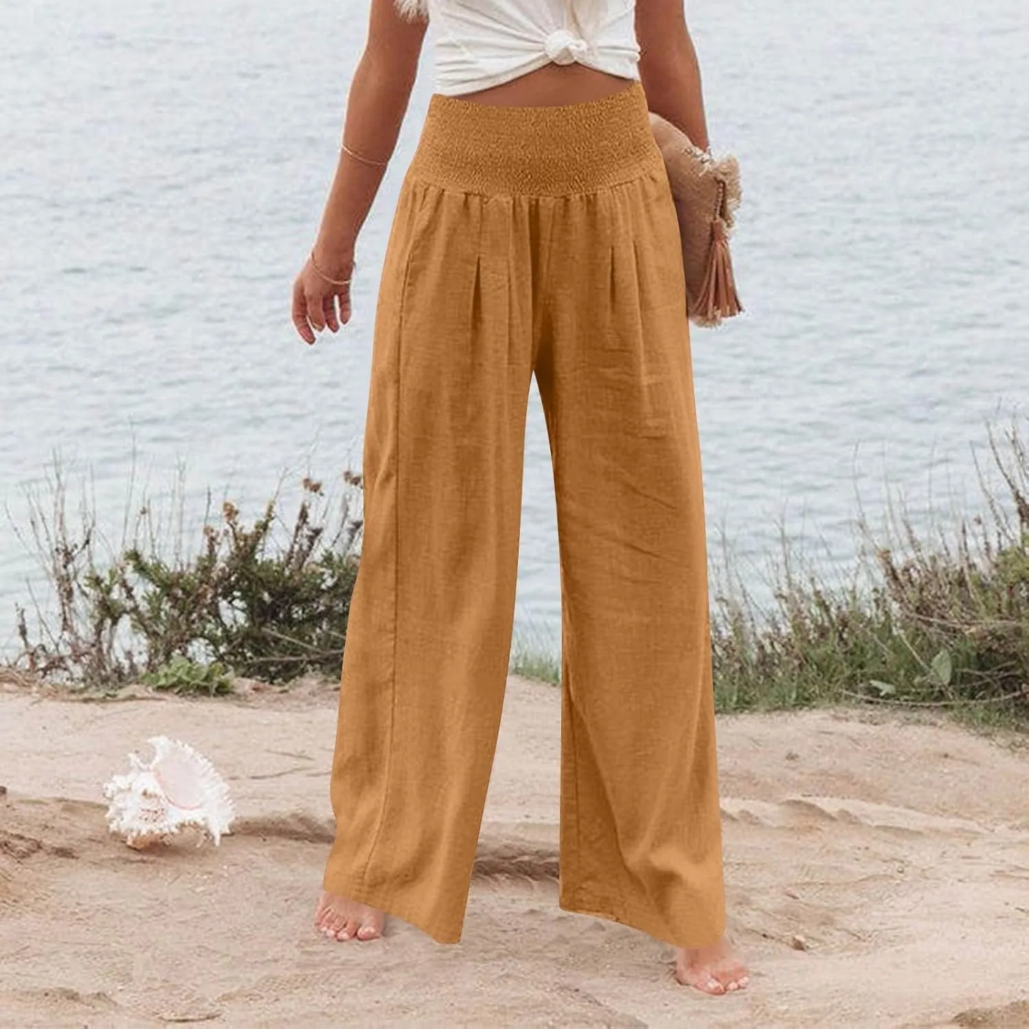 Wide Leg Linen Pants for Women Summer Smocked High Waisted Casual Palazzo Pants Lounge Trouser with Pockets (S-XXL)