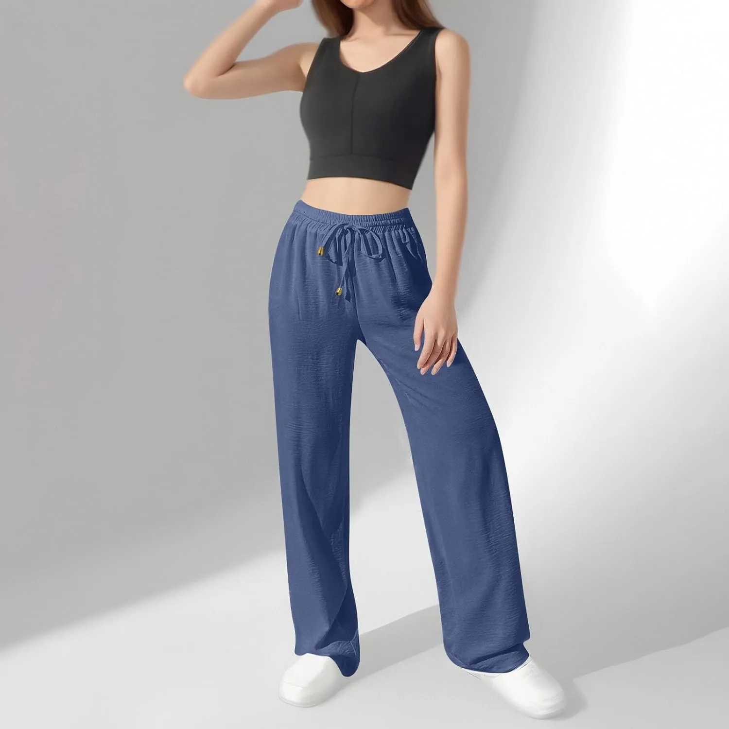 Wide Leg Pants Women Casual Linen Pants Drawstring Elastic Waist Summer Cute Pant Lounge Trouser with Pockets