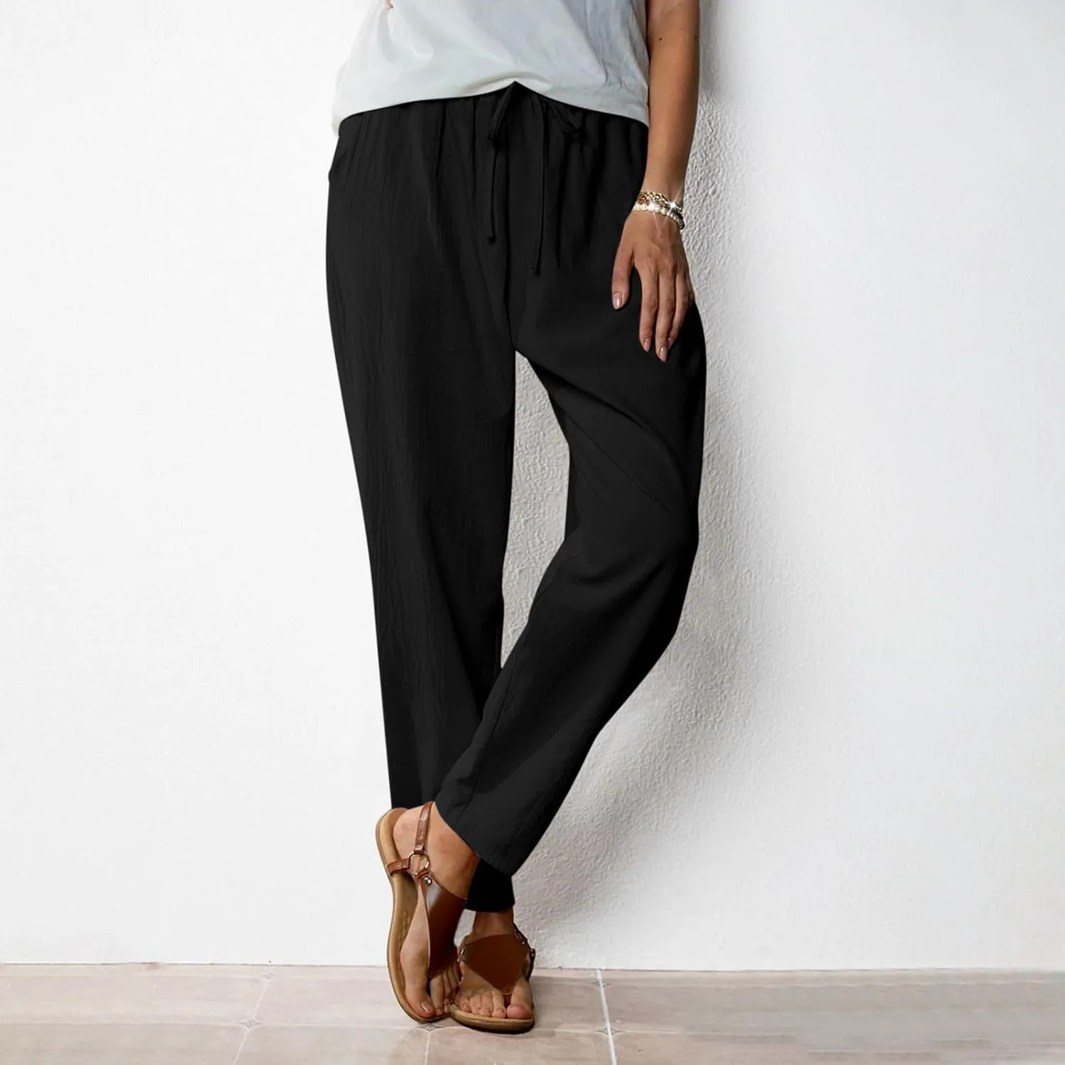 Women Summer Wide Leg Pants Casual Cotton Linen Drawstring Elastic High Waist Loose Fit Beach Trousers with Pockets