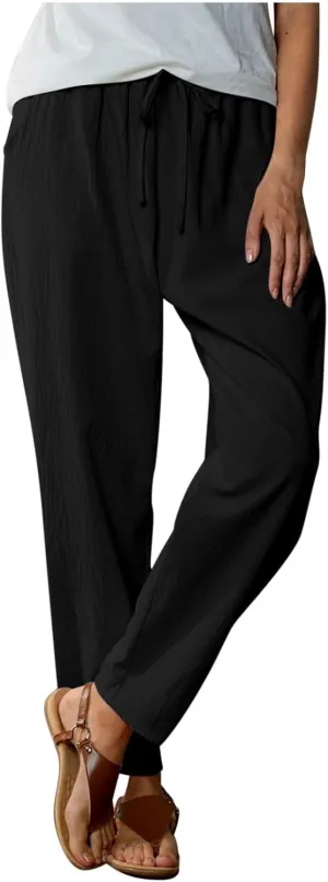 Women Summer Wide Leg Pants Casual Cotton Linen Drawstring Elastic High Waist Loose Fit Beach Trousers with Pockets