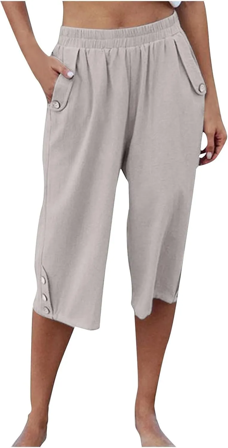 Womens Capris for Summer Elastic Waist Plus Size Capri Pants Wide Leg Linen Crop Pants Cropped Trousers with Pockets