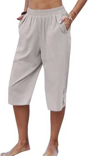 Womens Capris for Summer Elastic Waist Plus Size Capri Pants Wide Leg Linen Crop Pants Cropped Trousers with Pockets