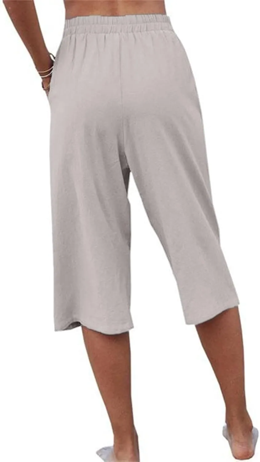 Womens Capris for Summer Elastic Waist Plus Size Capri Pants Wide Leg Linen Crop Pants Cropped Trousers with Pockets
