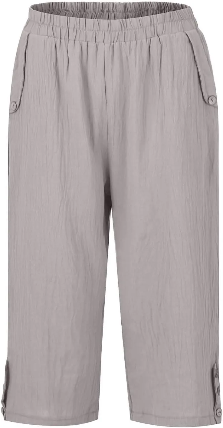 Womens Capris for Summer Elastic Waist Plus Size Capri Pants Wide Leg Linen Crop Pants Cropped Trousers with Pockets