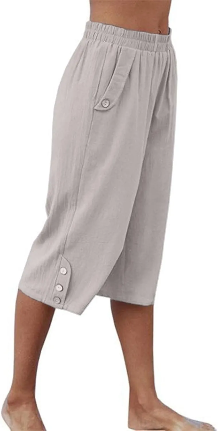 Womens Capris for Summer Elastic Waist Plus Size Capri Pants Wide Leg Linen Crop Pants Cropped Trousers with Pockets