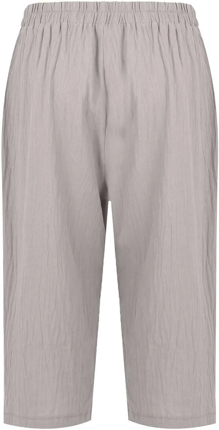 Womens Capris for Summer Elastic Waist Plus Size Capri Pants Wide Leg Linen Crop Pants Cropped Trousers with Pockets