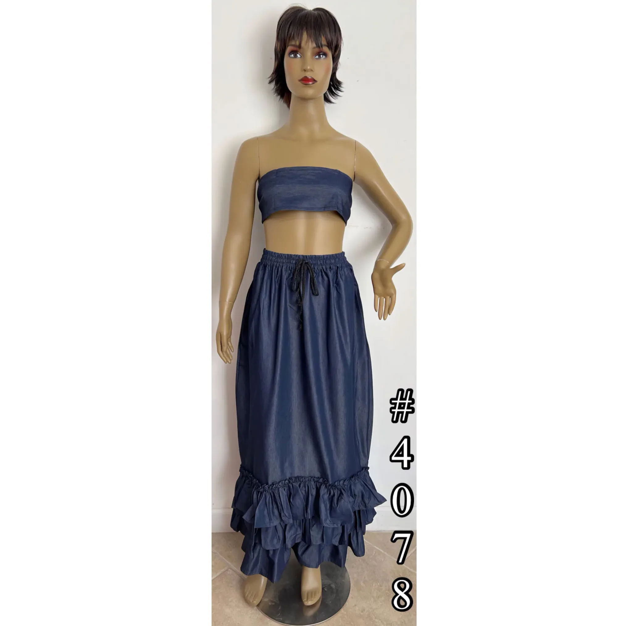 Women's Drawstring Denim Ruffle Maxi Skirt -- FI-4078