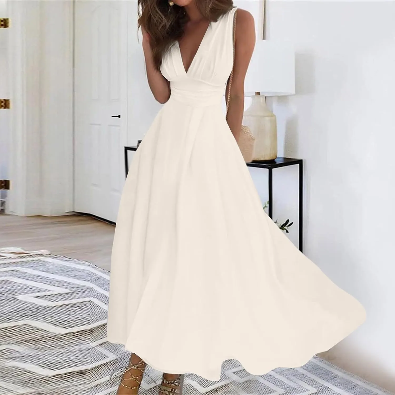 Womens Dresses Wrap V Neck Flowy Ruched Sundresses Floral Print Sleeveless Boho Dress Elegant Beach Dresses