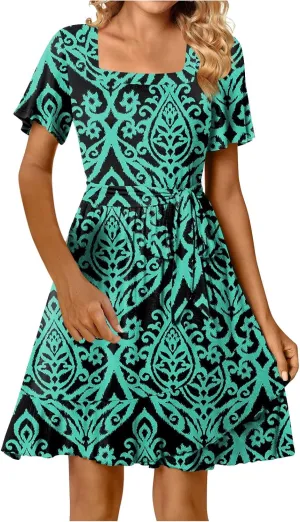 Women's Floral Print Wrap Dress Short Sleeve Aline Ruffle Dresses Asymmetrical Hem Swing Dress Boho Summer Dress with Belt