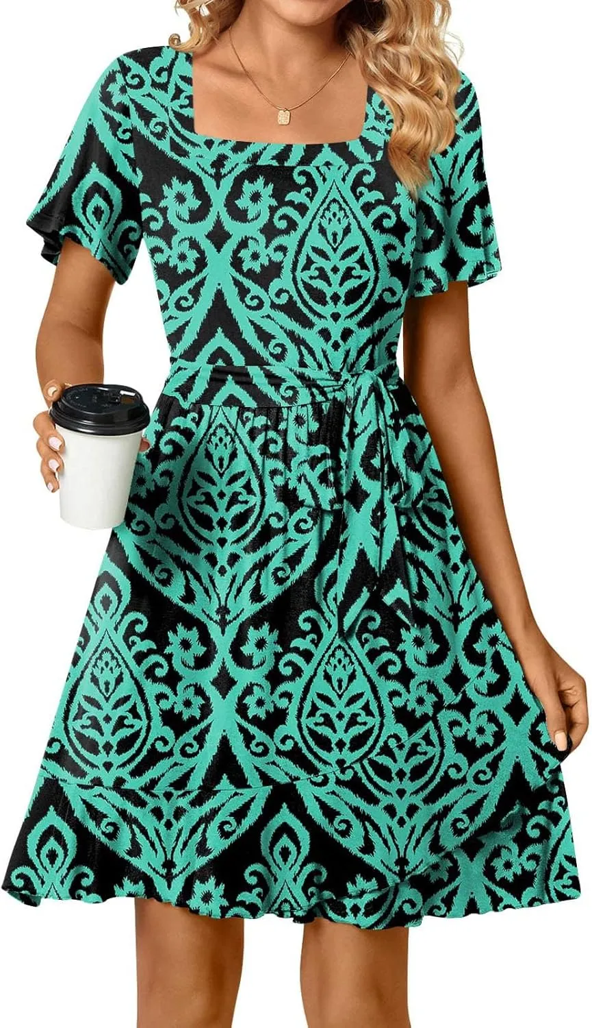Women's Floral Print Wrap Dress Short Sleeve Aline Ruffle Dresses Asymmetrical Hem Swing Dress Boho Summer Dress with Belt