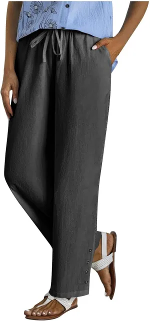 Womens High Waist Linen Pants Drawstring Elastic Waist Summer Casual Pants Loose Fit Lounge Trousers with Pockets
