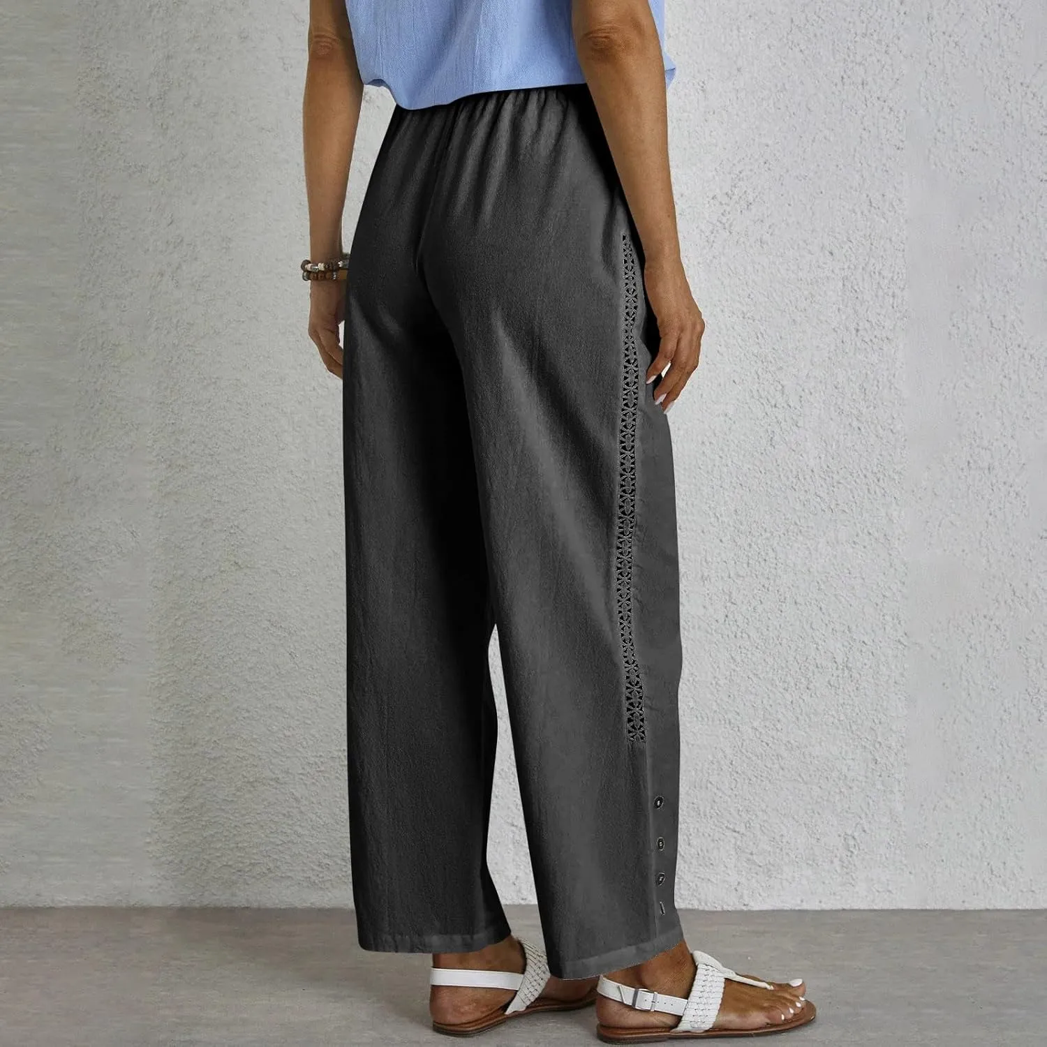 Womens High Waist Linen Pants Drawstring Elastic Waist Summer Casual Pants Loose Fit Lounge Trousers with Pockets