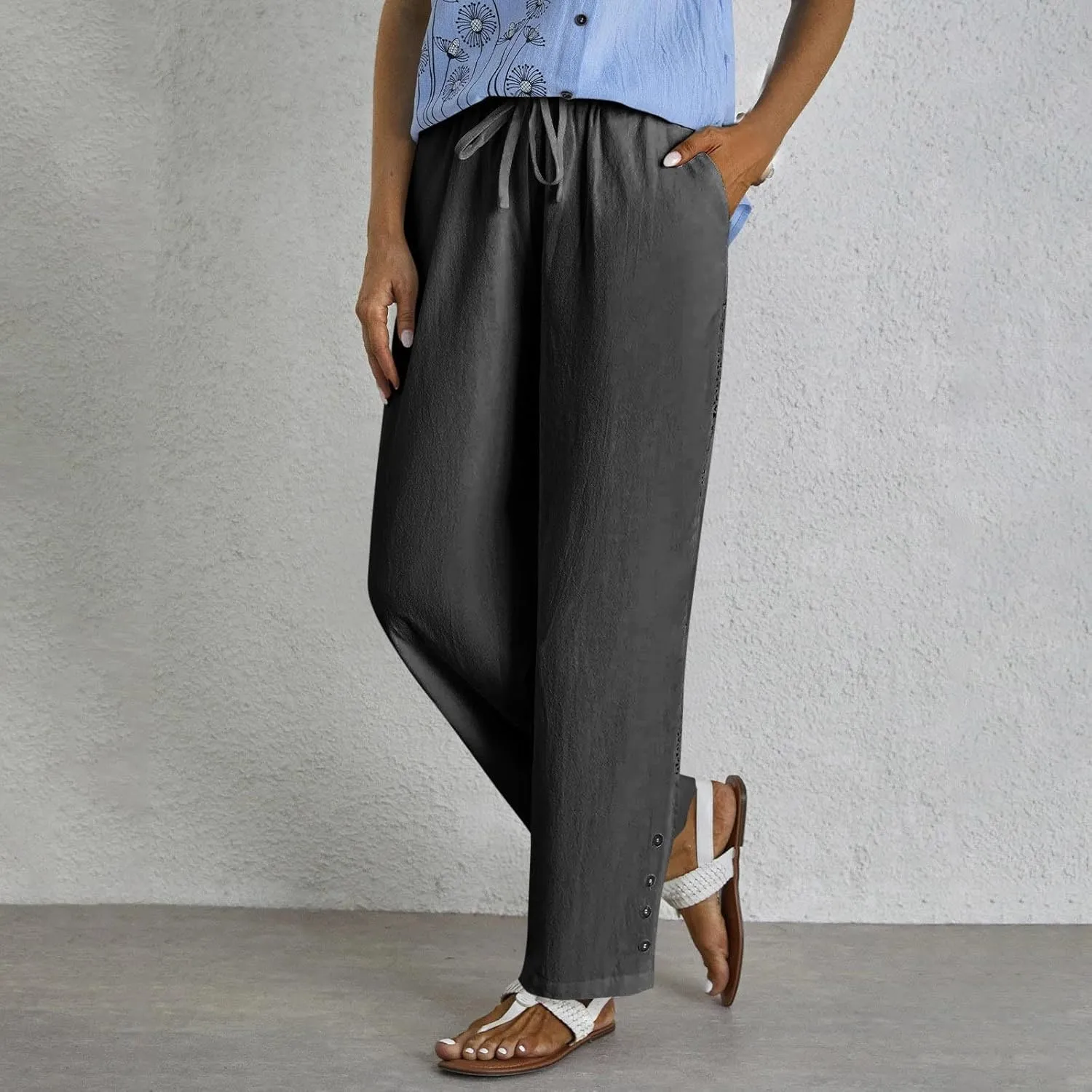 Womens High Waist Linen Pants Drawstring Elastic Waist Summer Casual Pants Loose Fit Lounge Trousers with Pockets