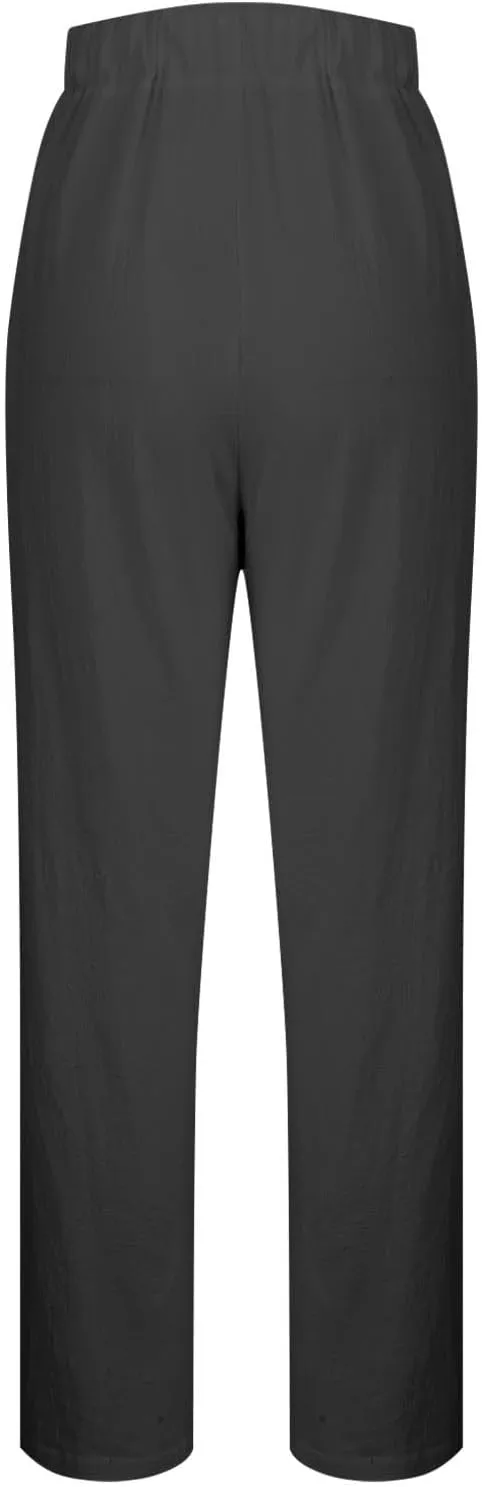 Womens High Waist Linen Pants Drawstring Elastic Waist Summer Casual Pants Loose Fit Lounge Trousers with Pockets
