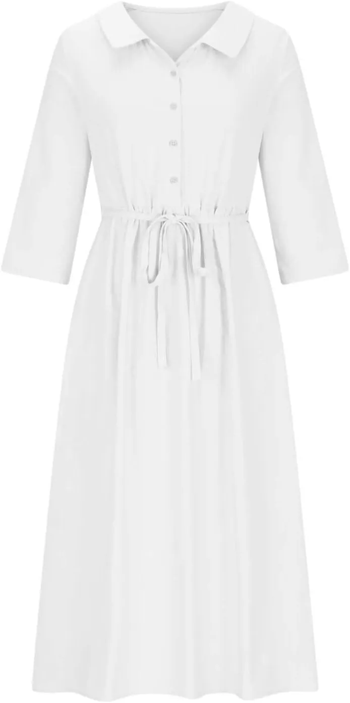 Women's Loose Cotton Linen Pleated Dress 3/4 Sleeve Tie Waist Solid Round Neck Lapel Button Midi Dress