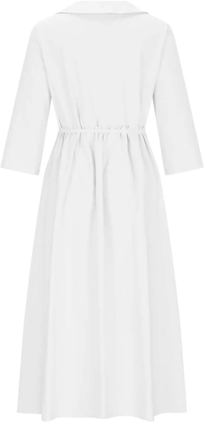 Women's Loose Cotton Linen Pleated Dress 3/4 Sleeve Tie Waist Solid Round Neck Lapel Button Midi Dress