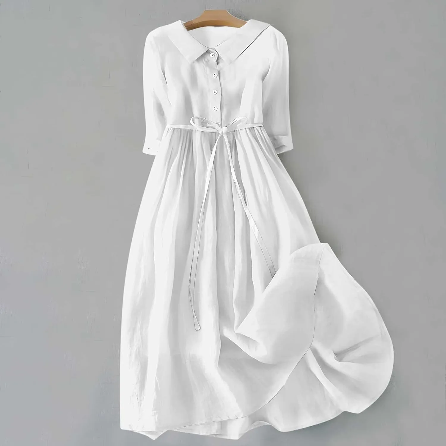 Women's Loose Cotton Linen Pleated Dress 3/4 Sleeve Tie Waist Solid Round Neck Lapel Button Midi Dress